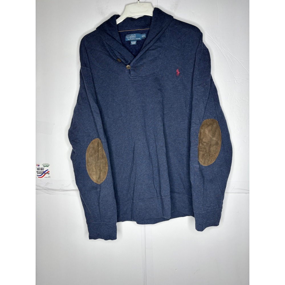Polo Ralph Lauren Mens XXL Shawl Collar Sweatshirt Navy‎ Blue Elbow Patches XXL